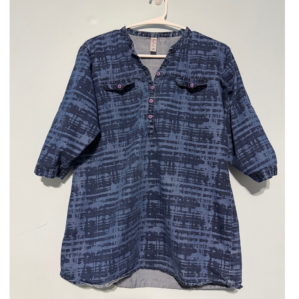 New Fit Size 42 Blue Abstract Print Denim Look Henley Tunic Top 3/4 Sleeve 1563